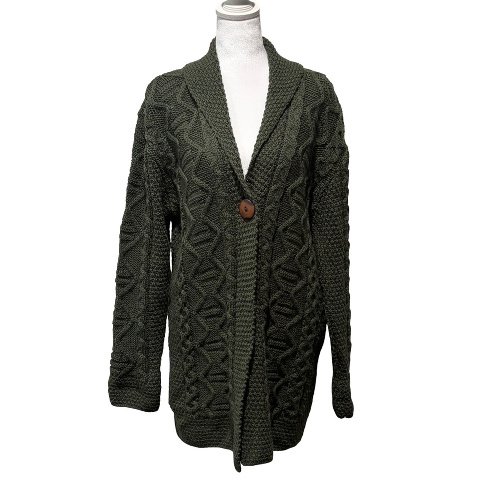 Inis Crafts Cardigan Women Large Green Merino Wool Irish Cable Knit Fisherman